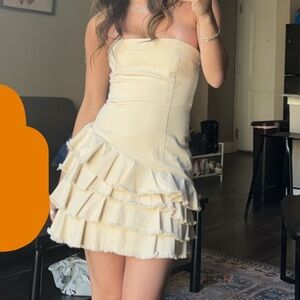 Tularosa GiGi mini dress ruffle denim Elegant Cream Strapless Ruffle Dress